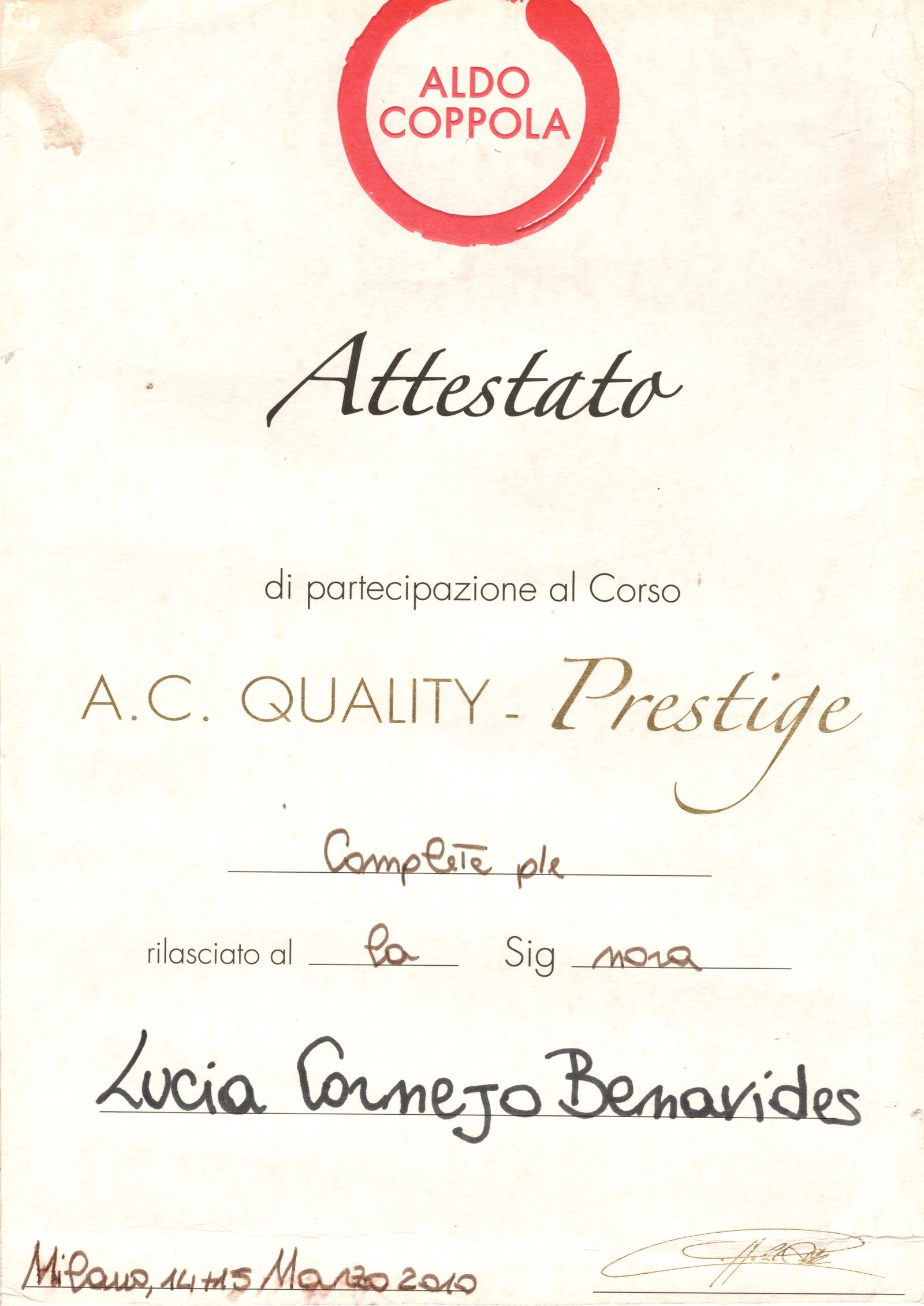 Attestato Aldo Coppola A.C. Quality-Prestige di Lucia Cornejo Benavides, Milano Marzo 2010