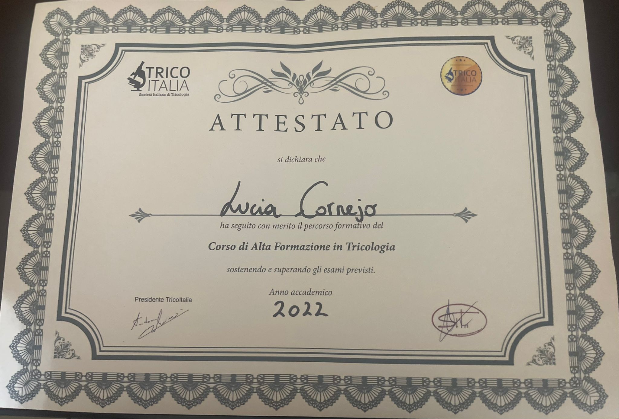 Attestato di Alta Formazione in Tricologia di Lucia Cornejo, 2022