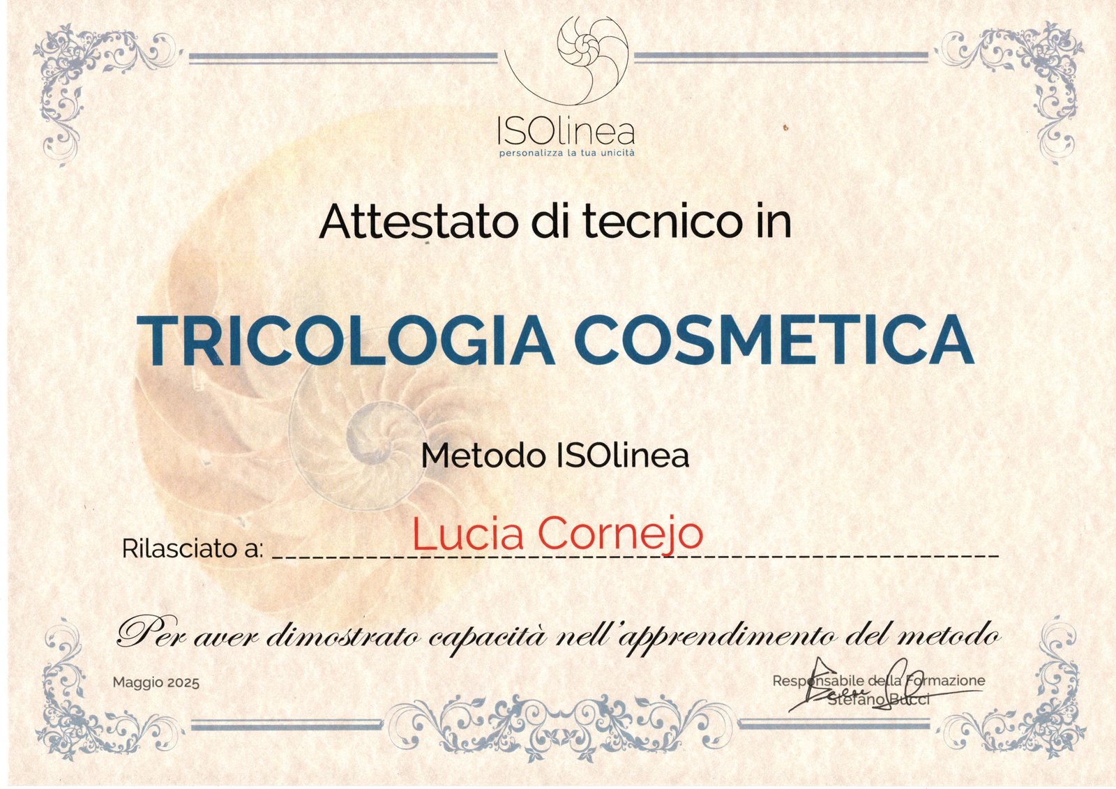 Attestato Tecnico in Tricologia Cosmetica, Metodo ISOlinea, di Lucia Cornejo