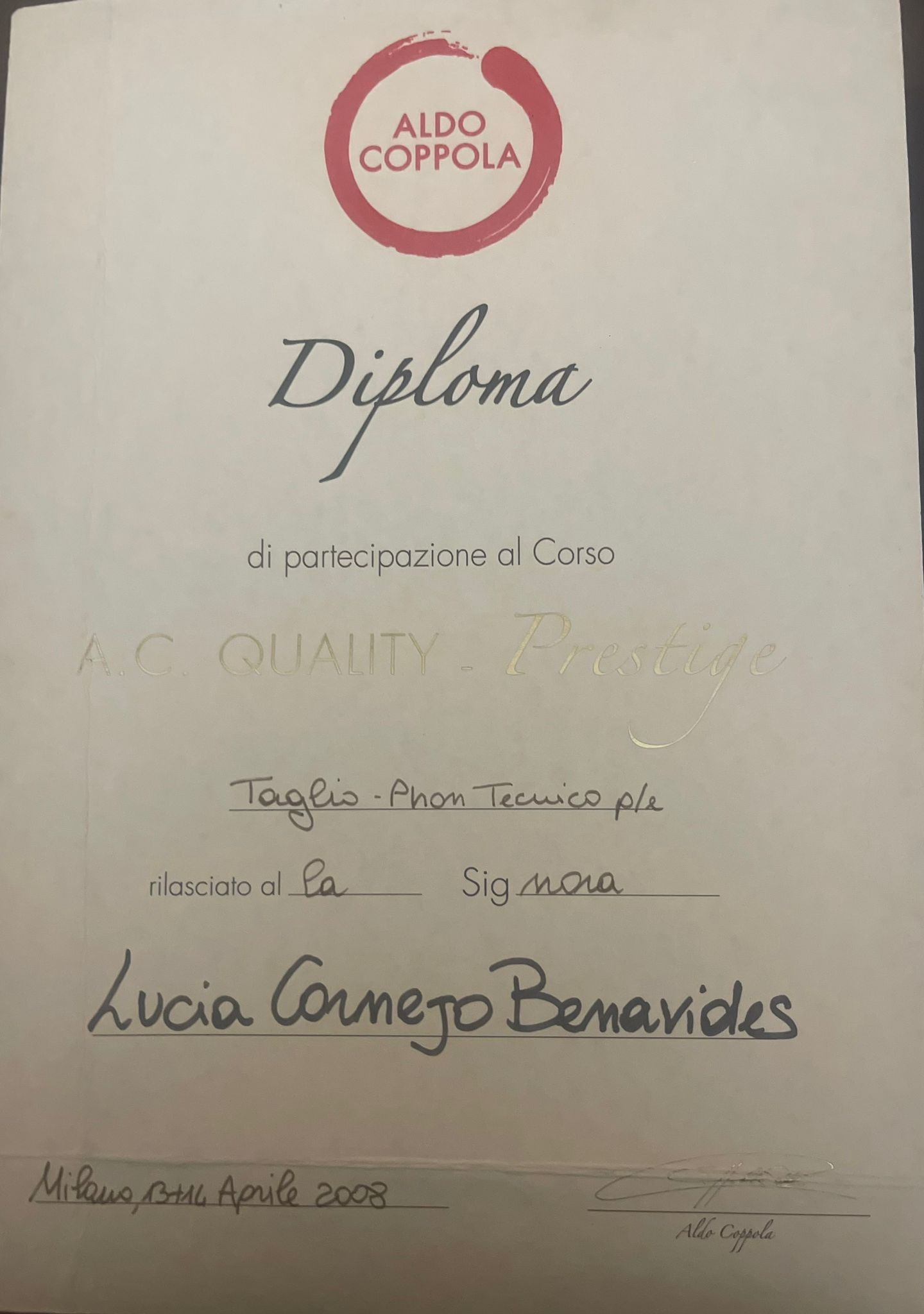 Diploma Aldo Coppola di Taglio e Phon Tecnico di Lucia Cornejo